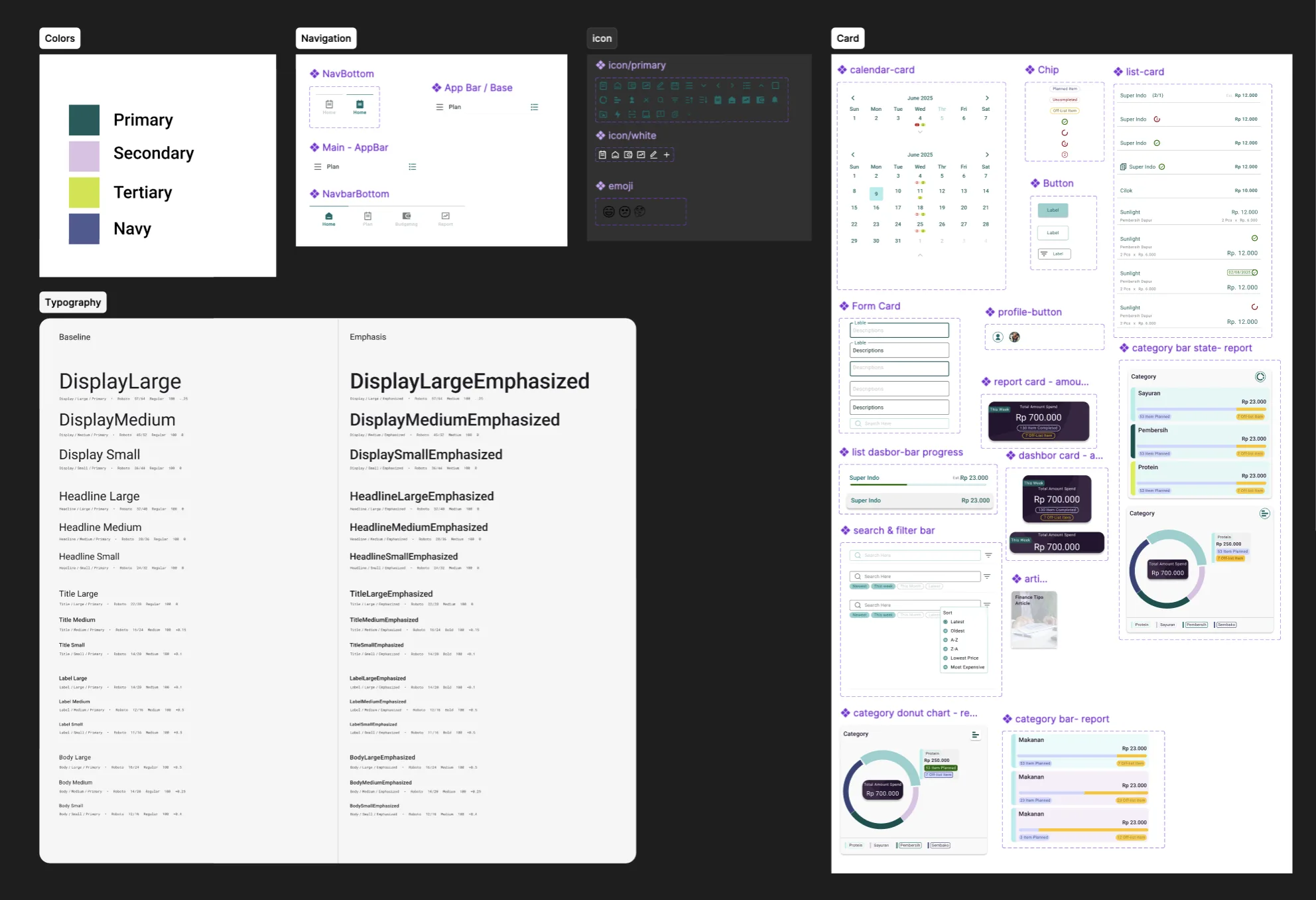 Lilist V1 design system in Figma — color tokens, a Material 3 type scale, and a component library