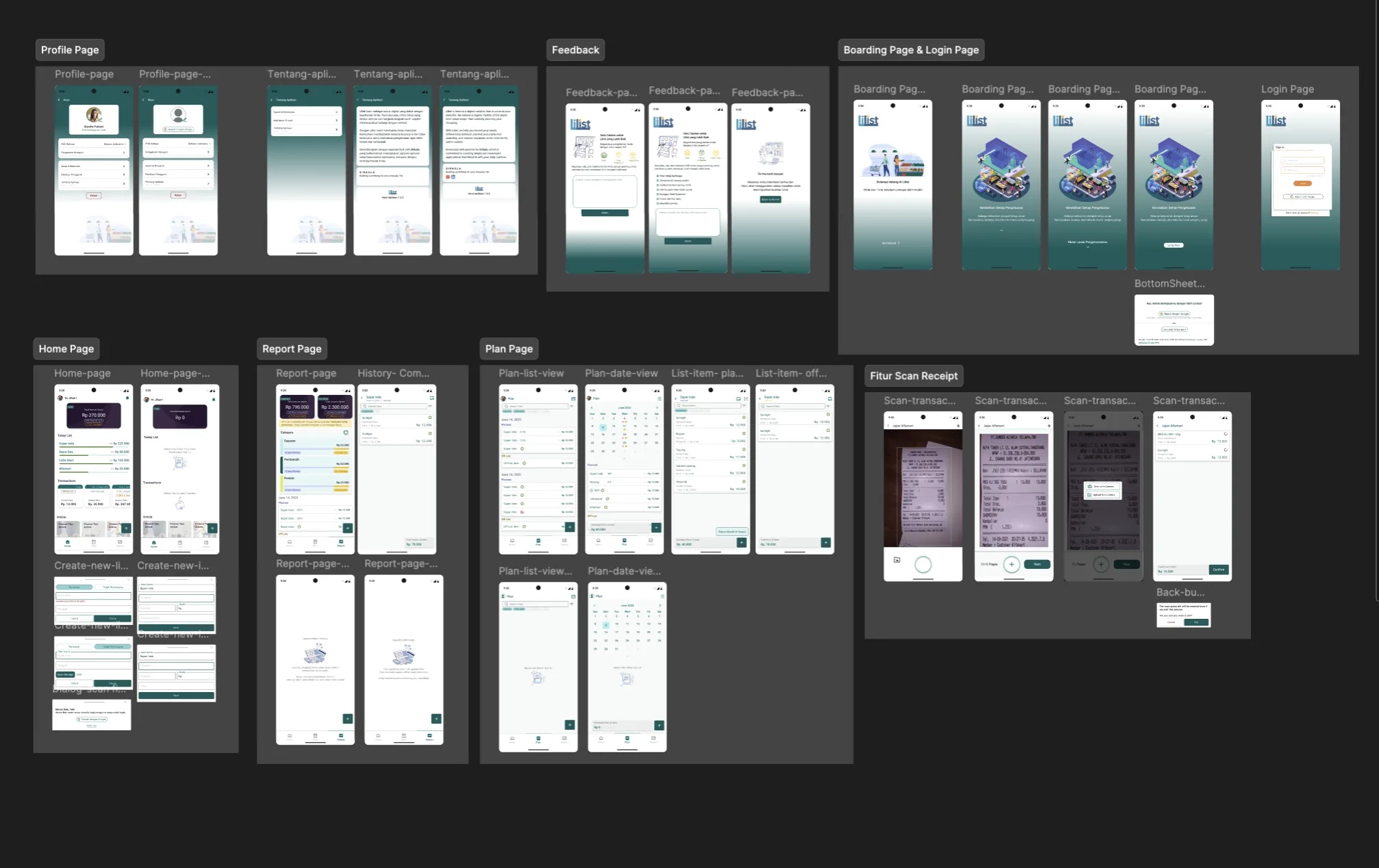 Lilist V1 designed in Figma — the full app organized into pages and flows